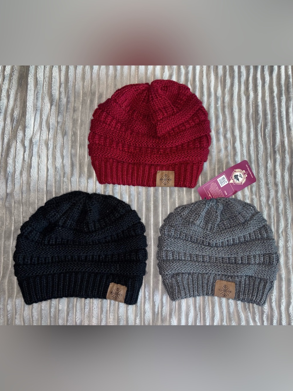 NWT Cozy Knit Beanies with Faux Leather Patch bundle of 3: Red, Black & Gray